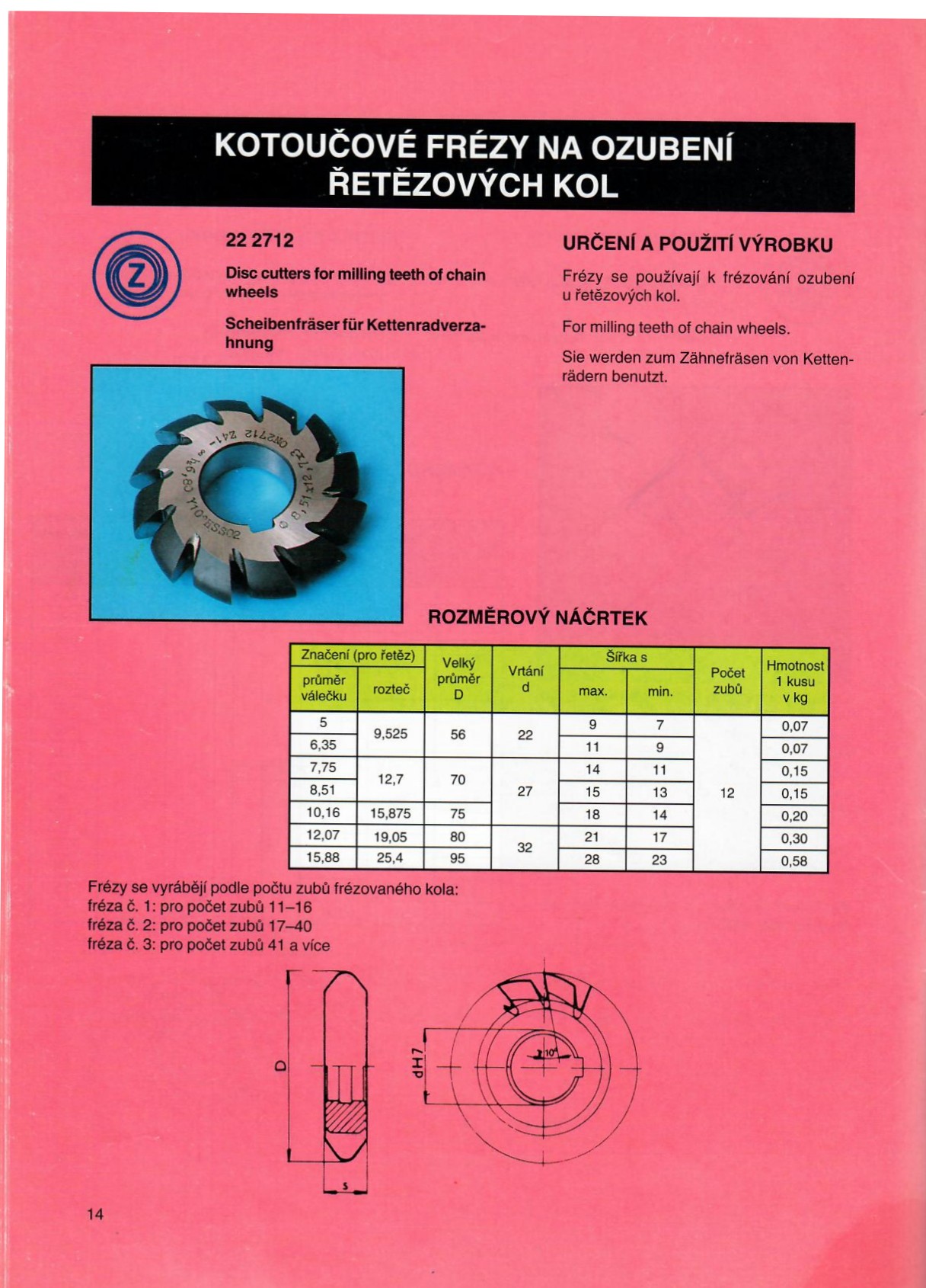 ČSN 222712 Kotoučové frézy na ozubení řetězových kol 12.07x19.05 No.1